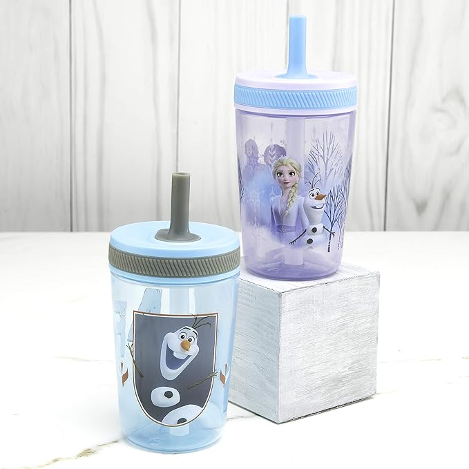 Zak Designs Disney Frozen II Movie Kelso Tumbler Set, Leak-Proof Screw-On Lid with Straw, Made of Durable Plastic and Silicone, Perfect Bundle for Kids (Frozen 2 Olaf, 15 oz, 2pc Set)