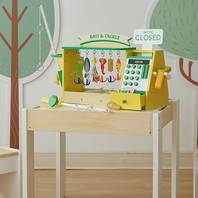 Teamson Kids Fishing Shop Playset with Cash Register & Scanner, Wooden Role Play Counter for Toddlers, Pretend Market Toy with Fish & Accessories, STEM Gift for Ages 3+