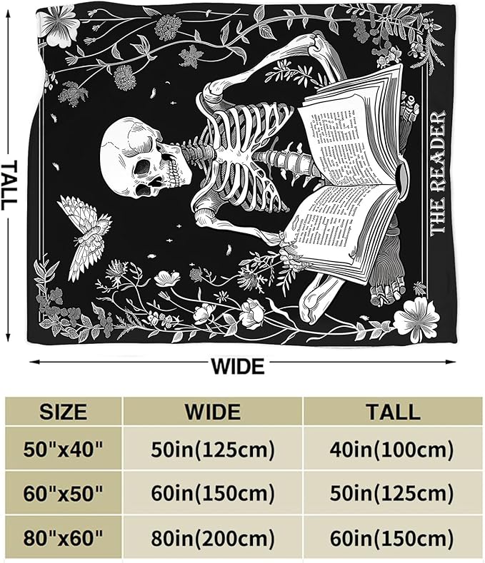 Reading Throw Blanket Ultra Soft Cozy Funny Skeleton Read Book Blanket Fleece Fuzzy Plush Skull Reading Lovers Reader Librarian Decor Gifts for Women Girls Adults Couch Sofa 60"x50"