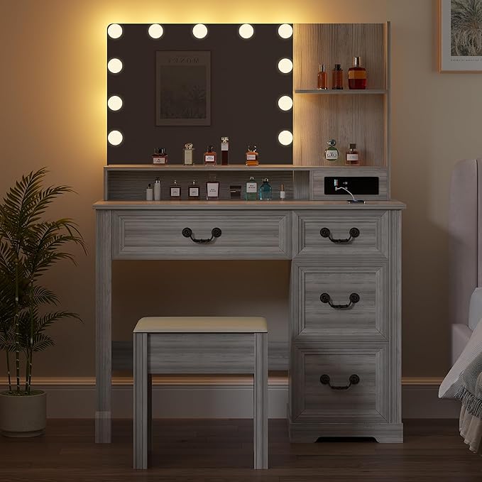 Vanity Desk with Mirror Light and Power Outlet, 39 inch Farmhouse Makeup Table Set with Stool, 3 Color Adjustable Lights Bedroom Dressing Table with 4 Drawer for Women Girls Teens, Gray White