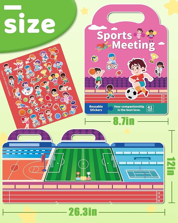 Benresive Reusable Sticker Book for Toddlers 2-4 Years, Fun Travel Stickers for Kids, Waterproof Sticker Books for Toddlers 1-3, Crafts Activities for Toddler 1-3 2-4 3-5 - Sports