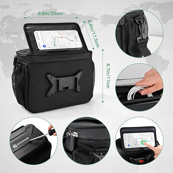 Bike Handlebar Bag with Touch Screen Phone Holder, 6L Large Water Resistant Bike Basket Front Bag with Handlebar Adapter, Reflective Bike Storage Pouch with Shoulder Strap for Bicycle and E-bike