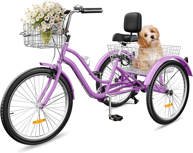 YITAHOME 24 & 26 Inch Adult Tricycle, 1 & 7 Speed 3 Wheel Bikes, Large Seat with Backrest Trike for Adults with Front & Rear Baskets, Cruiser Bike for Seniors Women Men Commute Picnic Outdoor
