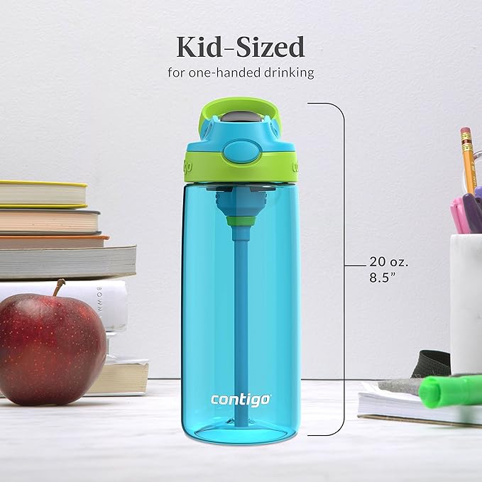 Contigo Kids 20oz 2-Pack Aubrey Water Bottles with Cleanable Silicone Straw Spill-Proof Lid Dishwasher Safe Blue Raspberry/Cool Lime & Blueberry/Juniper BPA-free
