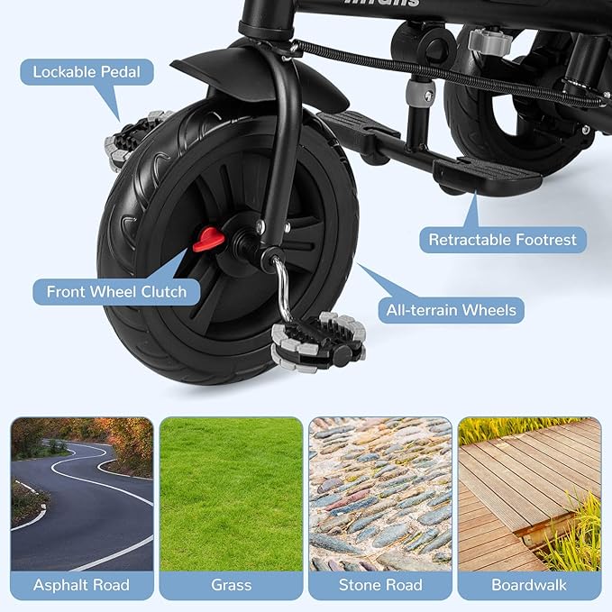 INFANS Kids Tricycle, 6 in 1 Baby Trike Toddler Bike with Reversible Seat, Adjustable Push Handle, Control Direction, Removable Canopy, Safety Harness, Belt, Storage, 9-60 Months (Blue)