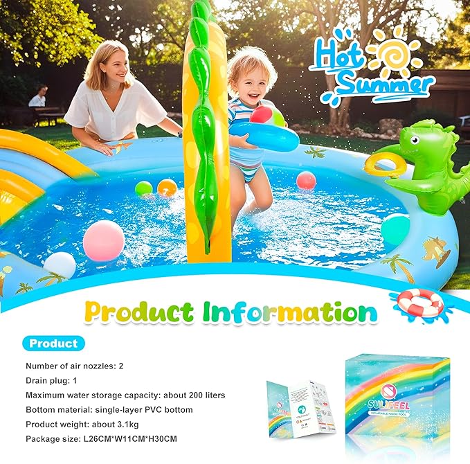 SULIFEEL Dinosaurs Inflatable Play Center Kiddie Pool with Slide and Sprinkler for Children, 96''x59''x39'' Baby Pool for Backyard and Garden, Free Inflatable Pump