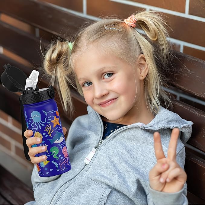 GOPPUS Kids Water Bottle (Straw Lid) - 18 Oz Stainless Steel Travel Bottle, Double Wall Vacuum Leak Proof Kids Cup for School Boys Girls,Under the Sea