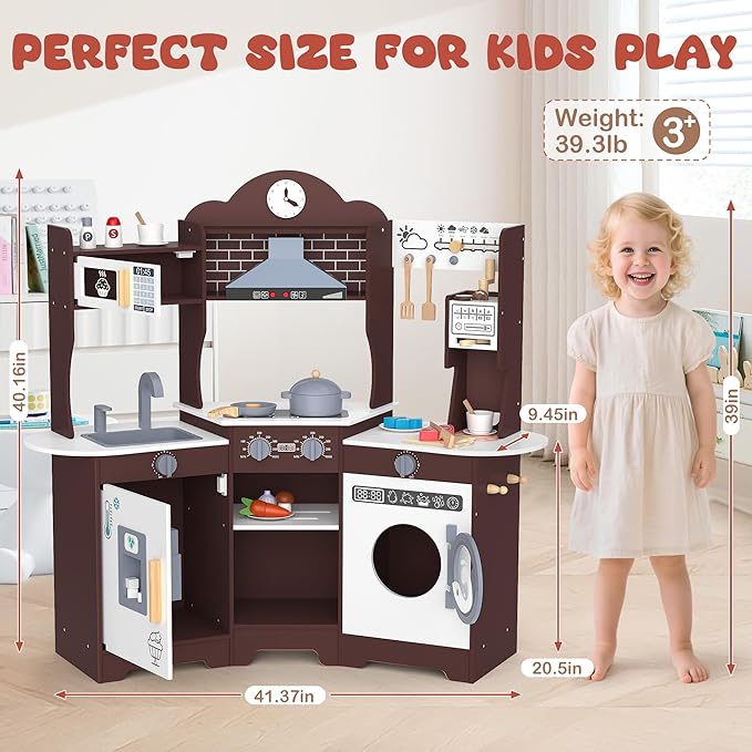 ANPABO Play Kitchen for Kids, Wooden Kids Kitchen Playset for Toddlers with Lights & Sounds, Pretend Play Toys with Coffee & Ice Maker, 30Pcs Toy Kitchen Accessories Gift for Boy&Girl (Espresso)