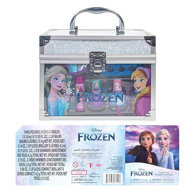 Disney Frozen Train Case Beauty Set, Kids Makeup Kit for Girls, Real Washable Makeup Set, Play Makeup, Party Favor, Birthday, Ages 3 4 5 6 7 8 9 10 11 12 by Townley Girl