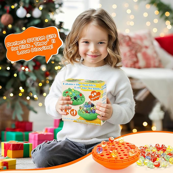 Marble Balance Game - 50 Colorful Marbles with Built-in Storage, Fun Family Challenge for 1-4 Players, Educational Toy for Kids & Adults, Perfect for Parties, Travel & Birthday Gifts (Pumpkin Orange)