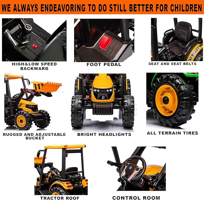 Kidsera 24V Ride on Tractor with Front Loader, Ride On Excavator with 24volt Dual Motors 4-Gearbox Metal Frame Kids Electric Vehicles 24V Power Wheels 24v Ride on Toys for Big Kids (Yellow)