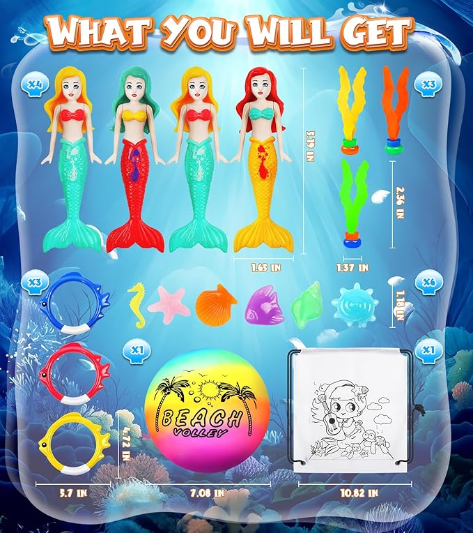Pool Toys for Kids, Mermaid Swim Diving Pool Toys for Toddlers Girls,Underwater Sinking Water Ball Games, Pool Swim Float Treasure Fish Toy, Diving Ring Toys with Mesh Bag for Summer Pool Beach Party
