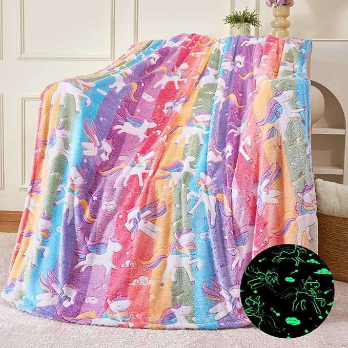 QSTEHEML Unicorns Glow in The Dark Blanket for Girls,Unicorn Gifts for Girls Age 3 4 5 6 7 8 9 10 11 12 Year Old, Soft Unicorns Rainbow Blanket - Christmas Birthday Bedroom Decor 50"×60"