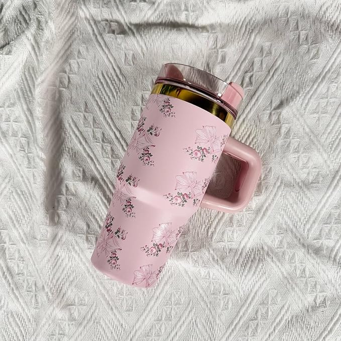 14 oz Tumbler with Handle and Straw, 14oz Toddler Tumbler with Lid and Straw for Kids Stainless Steel Tumblers, Outdoor Sports Travel School Gift, Keeps Drinks Cold up to 24 Hrs(Pink bow)