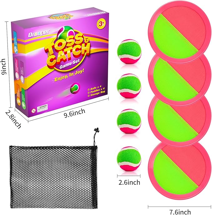 Kids Outdoor Toys - Toss and Catch Game Set, Outside Yard Camping Beach Pool Toys Games for Boys Girls 3 4 5 6 7 8 9 10 Year Old, 4 Paddles 4 Balls (Pink+Pink)