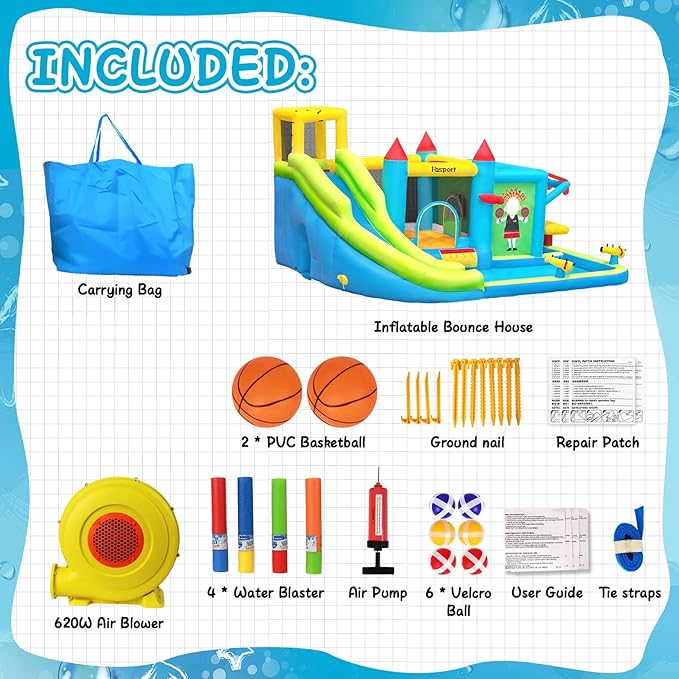 FBSPORT Inflatable Bounce House Water Slide, Bounce House for Kids with Toy Market Stand Splash Pool Bouncer Climbing Wall Water Gun Ball Dart, Bouncy Castle W/620W Blower for Outdoor Indoor, Green