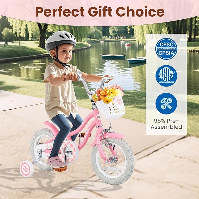 COSTWAY Kids Bike, 12 14 16 18 Inch Toddler Bike Children Bicycle w/Training Wheels, Hand & Coaster Brakes, Adjustable Saddle & Handlebar, Basket, Bell, Kids Bicycle for Girls Boys Aged 3-8 Years Old
