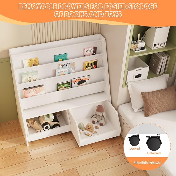 Kids Bookshelf with Two Movable Drawers Toddler Bookcase with Toy Storage Organizer Child Sling Book Rack Baby Cabinet Chest with Wheels for Nursery,Playroom,Bedroom,Living Room,Classroom