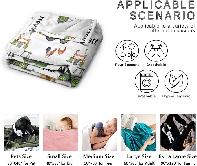 Custom Farm Tractor Blanket with Name Personalized Farm Tractor Blankets for Girls Boys Women Men Customized Blanket Gifts for Birthday 90"x120"for Whole Family