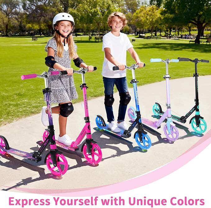 BELEEV V5 Plus Scooters for Kids Ages 6+, Teens with Light-Up Wheels & Deck, 2 Wheel Folding Lightweight Sport Scooter with 4 Adjustable Height, 8-inch Big Wheels, Carry Strap, Max Load 220 lbs