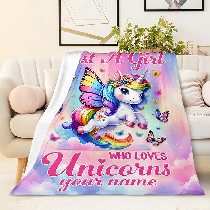 Personalized Unicorn Blanket for Girls Daughter, Cute Pink Unicorn Throw Blankets with Custom Name for Toddlers Kids 40"x50" Comfy Lightweight Flannel Throw for Sofa Couch Bed