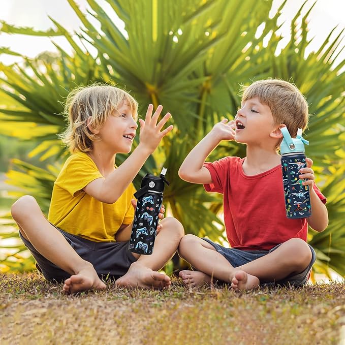 18oz Kids Insulated Water Bottle with Straw Lid - 18/8 Stainless Steel Kid Cup Travel Tumbler Double Wall Vacuum Leak Proof Portable Toddler Water Bottle (Game + Dinosaur)