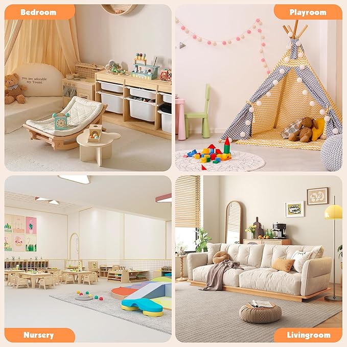 Naches Kids Toy Organizer and 4-Tier Montessori Bookshelf with 6 Bins, 3-in-1 Toy Shelves and Stuffed Animal Storage for Playroom, Nursery, Baby Room (Burlywood)