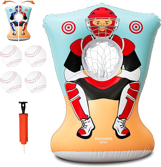 Inflatable Baseball Pitching Target for Kids, Double-Sided Outdoor & Indoor Baseball Training Toss Game, Includes 4 Balls, Air Pump, & Patch Kit