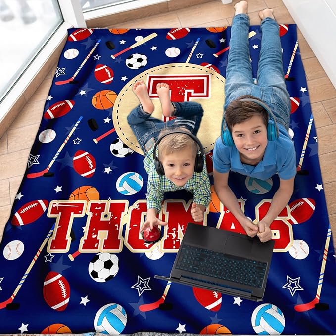 Sport Blanket Gifts for Kids Toddler Teens Sports Lovers, Personalized Throw Blanket with Name Initial Letter for Boys, Custom Soft Fuzzy Blankets for Bed Couch Sofa Decor