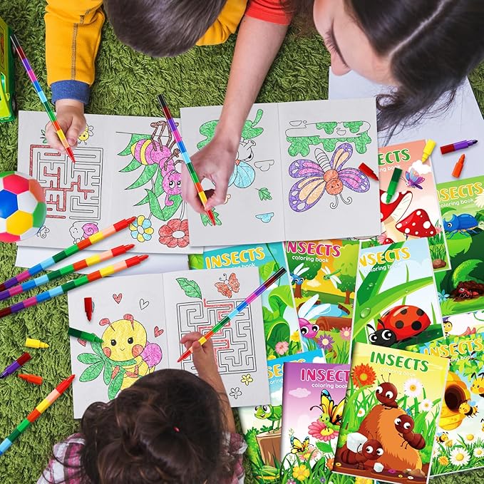 BenLouis 12 Insects Mini Coloring Books Kids with 12 Stacking Crayons Spring Bugs Party Favors Small Activity Books Bulk for Kids Butterfly Bee Party Gift Goodie Bag Stuffers