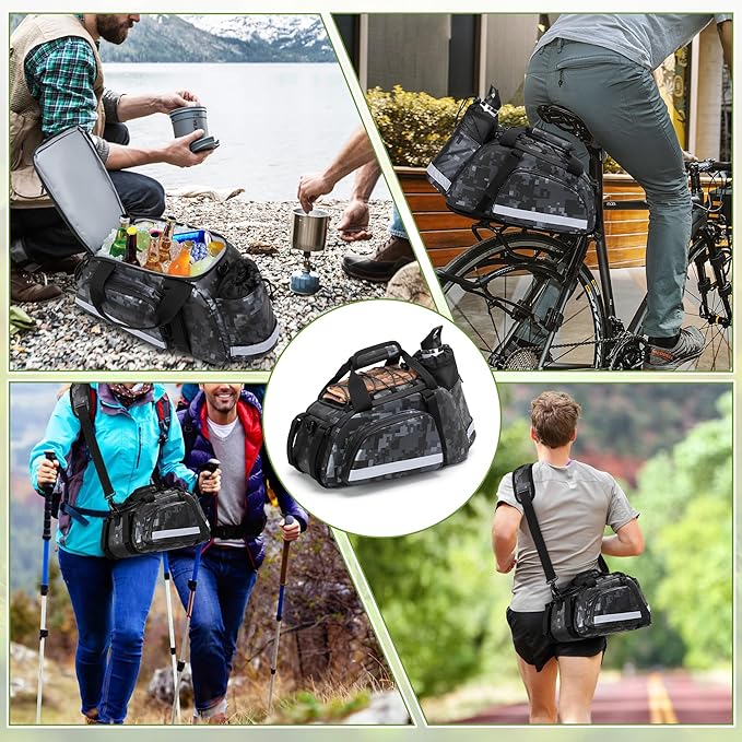 Bike Rear Rack Bag, Pannier Bags for Bicycles with 12L Capacity, Bike Trunk Cooler Bag with Reflective Strips, Reinforced Handle and Removable Shoulder Strap