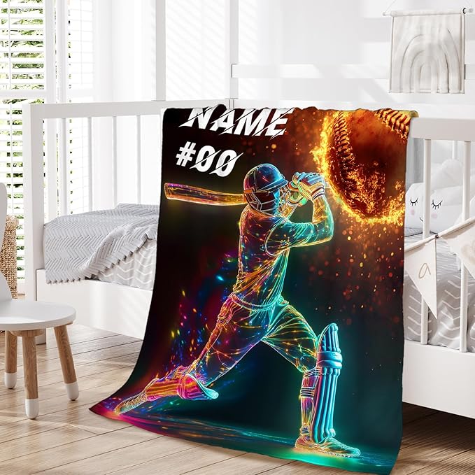 Custom Baseball Blanket, Personalized Name Throw Blanket, 50 x 40 Inches Soft Sports Blanket for Boys, Baseball Lovers, Cozy Warm Flannel Throw Blanket for Bed Sofa Room Decor, Camping, Travel