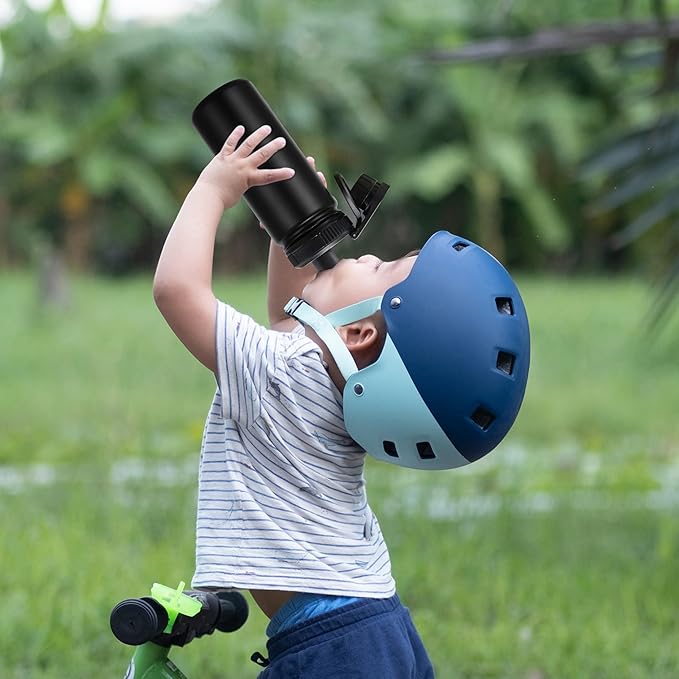 DOMICARE 16 oz Kids Water Bottle for School Stainless Steel Double Wall Vacuum Insulated Water Bottle with Straw lids & Spout Lid, Leakproof BPA Free (Black,8)