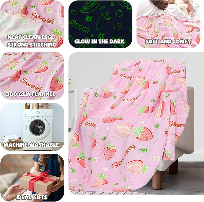 REXEO Flannel Throw Blanket, 50 x 60in, Glow in The Dark, Fluorescent Strawberry, Lightweight, Fiber Plush, for Girls Kids, Birthday Christmas Gifts