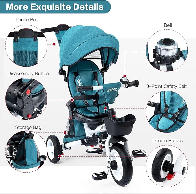 JMMD Baby Tricycle, 7-in-1 Folding Kids Trike with Adjustable Parent Handle, Safety Harness & Wheel Brakes, Removable Canopy, Storage, Stroller Bike Gift for Toddlers 18 Months - 5 Years, Green