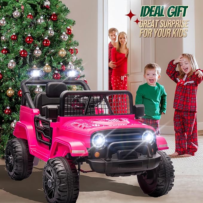 JOYMOR 12V Kids Ride on Truck with Remote Control, 4 Wheels Battery Powered Kids Car, Electric Play Car with LED Lights/Horn/Remote and Manual Control/3-5 MPH Speed/Gift for Girl Boy (Hot Pink)