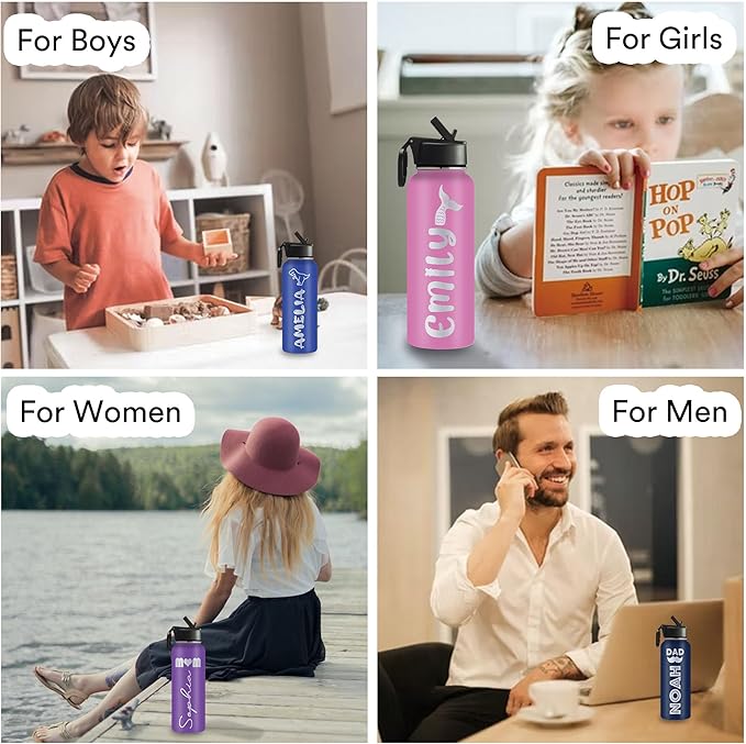 Personalized Water Bottles for Kids, 18 oz Custom Name Insulated Water Bottle With Straw, Stainless Steel Reusable Waterbottle Gifts for School Girls Boys Men Women - Icon Design