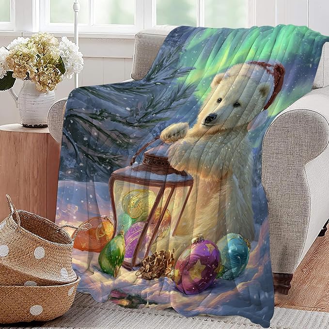 Christmas Polar Bear Blanket White Bear Winter Aurora Throw Blankets Gifts for Girls Boys Kids Animal Lovers Soft Cozy Fleece Plush for Couch Sofa Bed 50"x40"