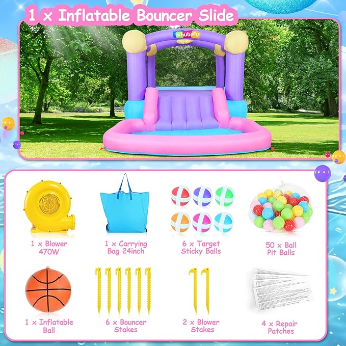 Inflatable Bounce House for Kids 3-6 with Water Slide Ball Pit Pool & 50 Ocean Balls, 5 in 1 Bouncy Castle w/ 6 Sticky Ball Dart Board Game, Basketball Hoop, Storage Bag & Blower Indoor Outdoor Party