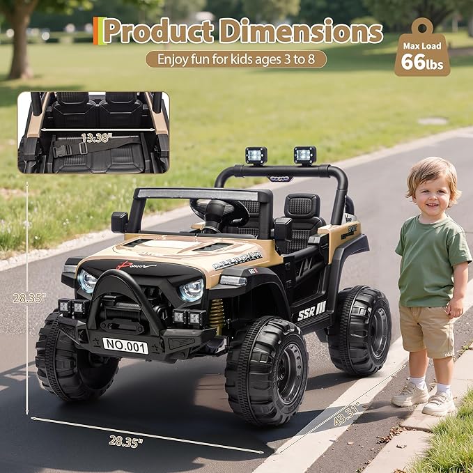 Kids Ride On Truck Car, 12V Ride On Toy Battery Powered Vehicles w/Parent Remote, Spring Suspension, Electric Car for Kids with Bluetooth Music, LED Light, Ideal Car Gift for Boys Girls, Khaki