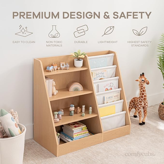 Comfy Cubs Kids Bookshelf 35.2 x 15.7 x 31.5 Inches - Sturdy MDF Montessori Book Shelf with Soft & Hard Shelves for Toys & Books - Child-Friendly, Easy Access Storage Organizer for Kids - Wood