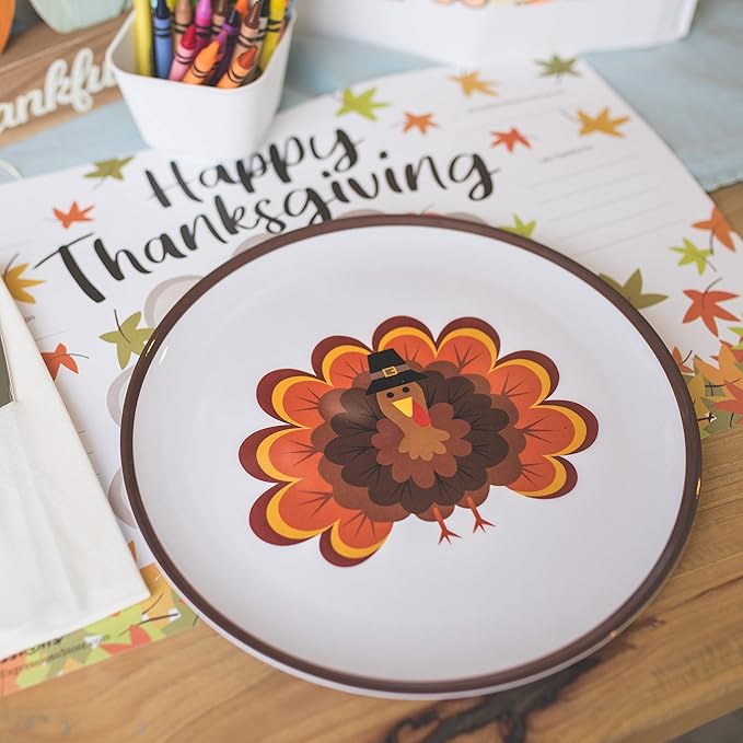 Tiny Expressions - Thanksgiving Plates for Kids - Set of 4 Melamine Thanksgiving Plates with Cute Turkey Designs for Children - Perfect for Holiday Meals and Celebrations