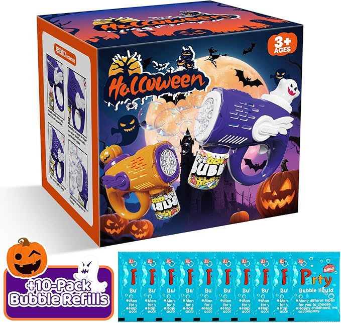 Halloween Bubble Gun Toys for Kids - 2 Light-Up Ghost & Pumpkin Bubble Machine with 10 Refill Packs - Fun Party Favors Trick or Treat Toy Boo Basket Stuffers for Kids Boys Girls
