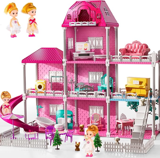 Villa Playset for Girls Ages 3-7, Indoor Playset Girls Toys with 3 Storeys 7 Rooms 2 Dolls for Ages 6-8, Furniture and Accessories, Pretend Toddler Toy, Birthday Gifts for Kids 3 4 5 6 7 8