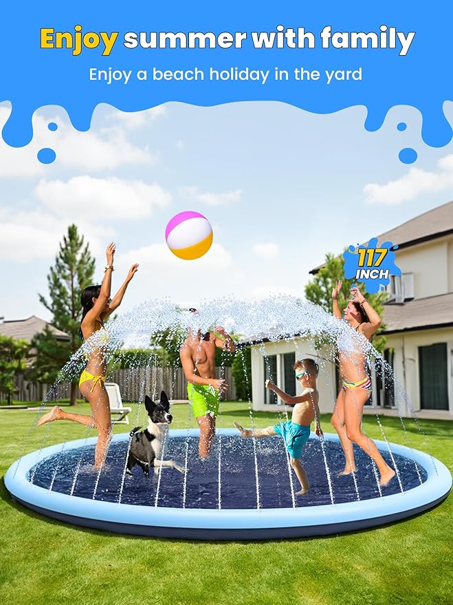 VISTOP Non-Slip Splash Pad for Kids and Dog, Thicken Sprinkler Pool Summer Outdoor Water Toys - Fun Backyard Fountain Play Mat for Baby Girls Boys Children or Pet Dog (117 Inch, Red&Yellow&Green&Blue)