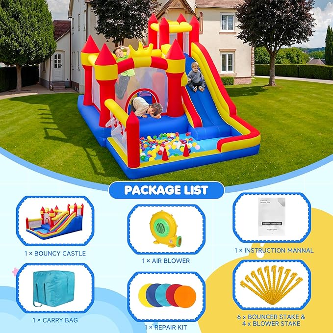 Liaakrr Bounce House, 8-in-1 Bounce House for Kids, Bouncy House with Slide, Climbing Wall, Ball Pit, Obstacles, Trampoline & Basketball Hoop – Includes Blower for Indoor & Outdoor