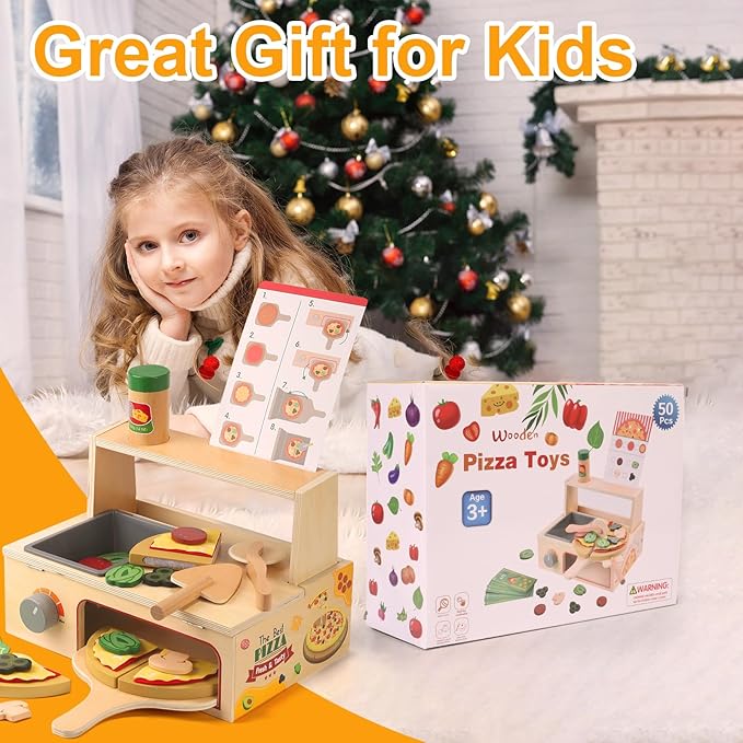 50PCS Wooden Pizza Toy, Pizza Counter Playset with Bake Oven, Kitchen Play Food and Accessories for Kids, Montessori Pretend Play Toys for Boys Girls Age 3+