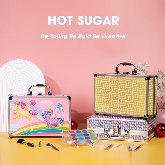 Hot Sugar Makeup Kit for Little Girls 4-6, Girls Makeup Set Ages 8-12, With Unicorn Aluminum Cosmetic Box