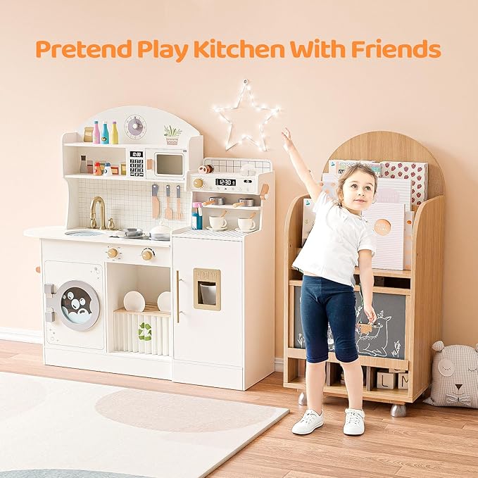 JOYMOR Wooden Play Kitchen w/Coffee Machine, Plenty of Play Pretend Kitchen Accessories, Kids Play Kitchen Design, Best Gift for Ages 3+ (Cream&Gold)