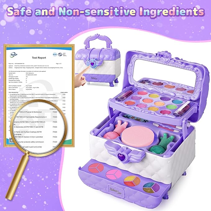 Kids Makeup Set for Girl, Real Washable Cosmetic Children's Toy Makeup Box Set with Mirror, Gentle & Skin-Friendly Princess Dress Up Kit, 40 Pcs, Present for Ages 3+ (Purple)
